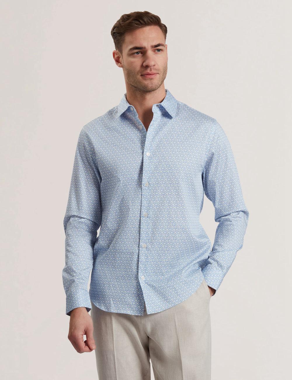 Men Ted Baker ALPHAIS - Regular Fit Geometric Pure Cotton Casual Shirts Mid-Blue | WUYI09824