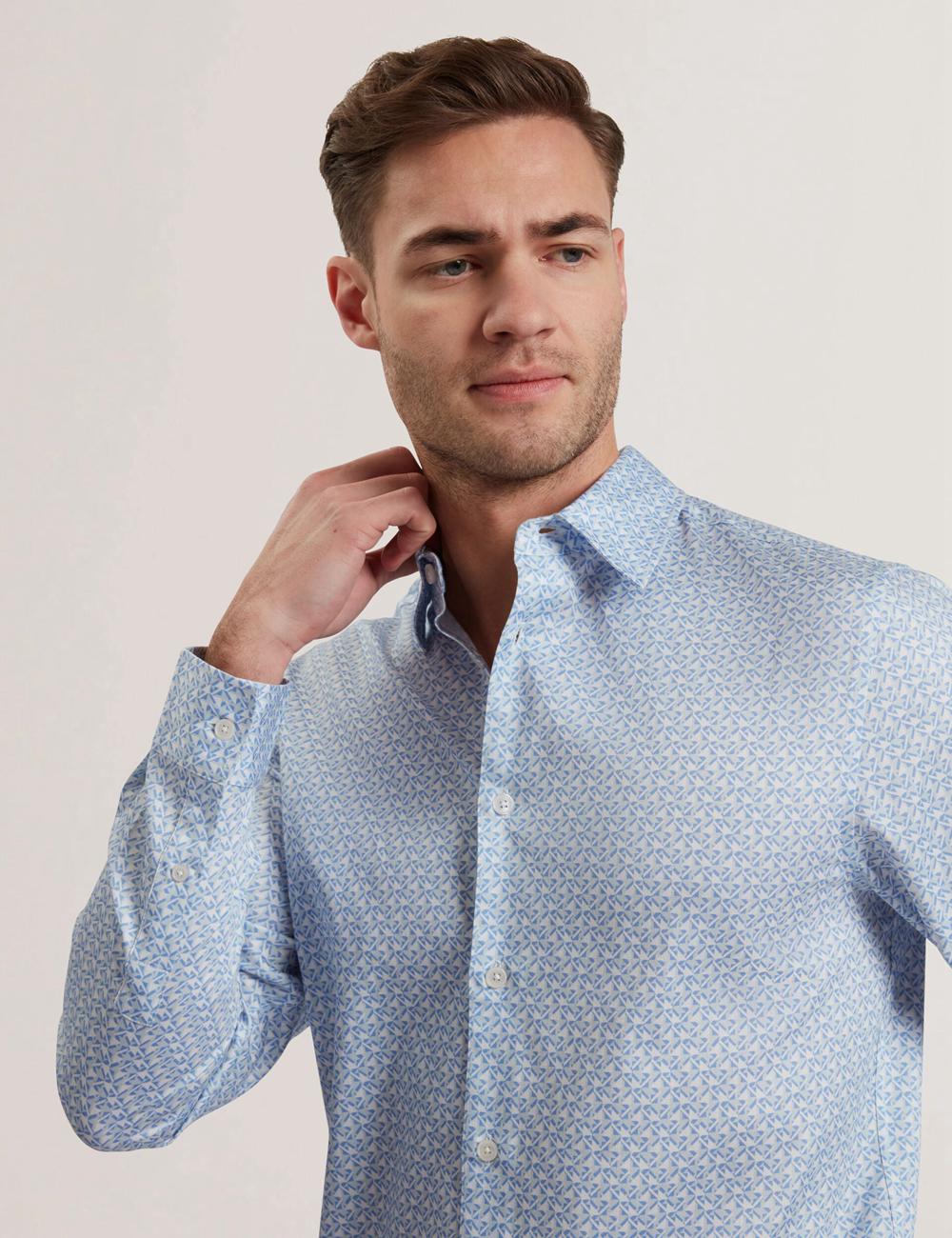 Men Ted Baker ALPHAIS - Regular Fit Geometric Pure Cotton Casual Shirts Mid-Blue | WUYI09824
