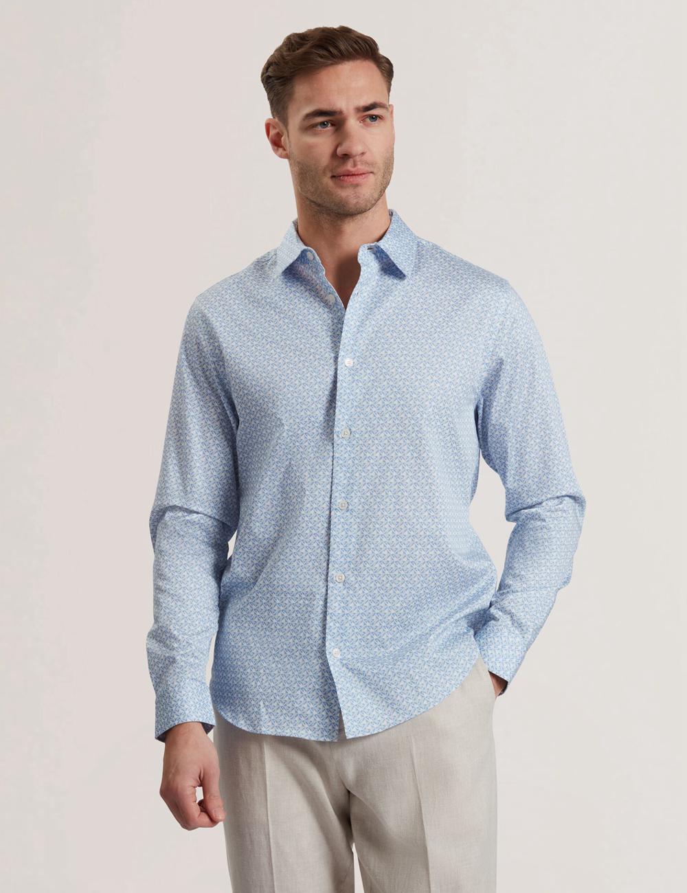 Men Ted Baker ALPHAIS - Regular Fit Geometric Pure Cotton Casual Shirts Mid-Blue | WUYI09824