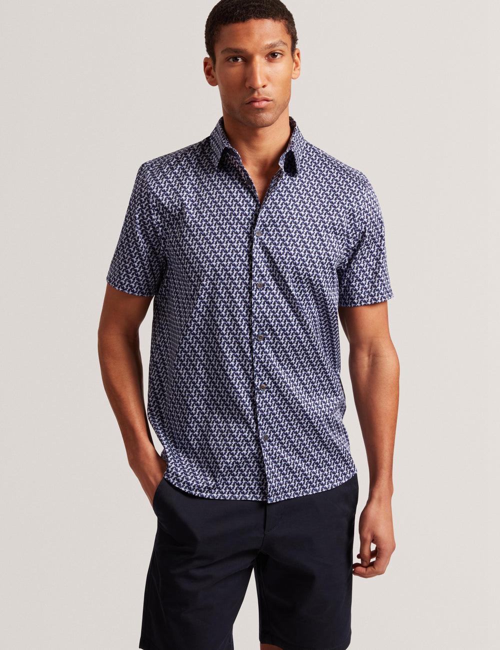 Men Ted Baker ALPHSO SS Regular Fit Geo Casual Shirts Navy | XFIA47306