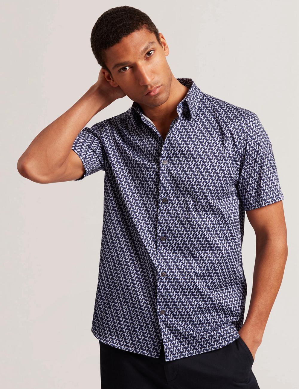 Men Ted Baker ALPHSO SS Regular Fit Geo Casual Shirts Navy | XFIA47306