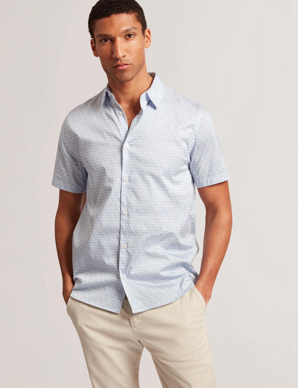 Men Ted Baker ALPHSO - SS Regular Fit Geo Casual Shirts Mid-Blue | PFSH05713