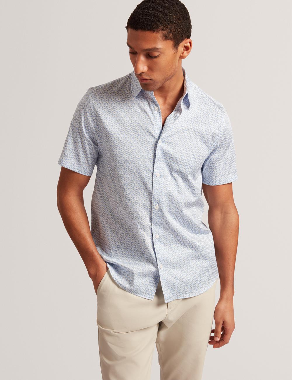 Men Ted Baker ALPHSO - SS Regular Fit Geo Casual Shirts Mid-Blue | PFSH05713