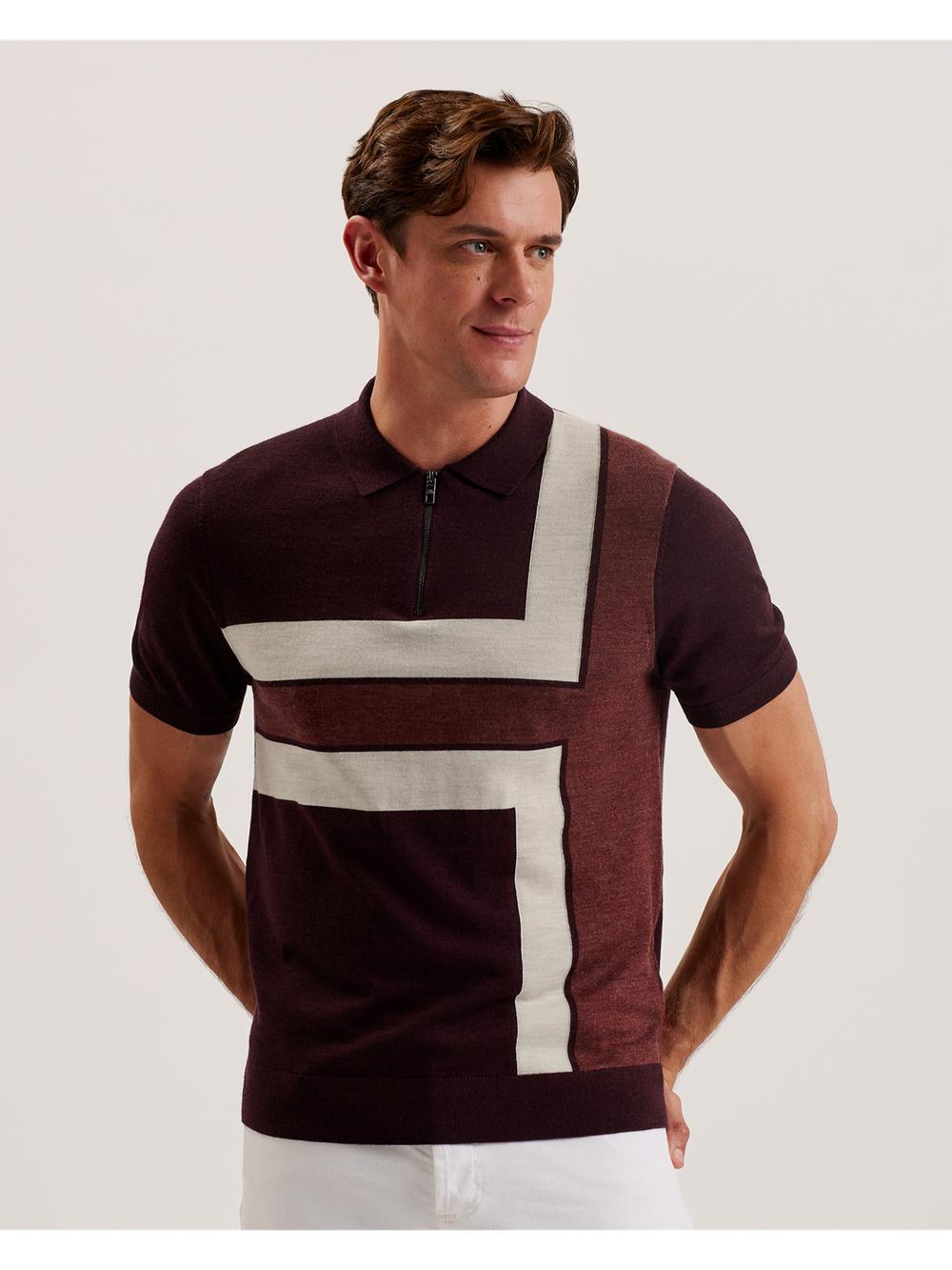 Men Ted Baker AMBLER - Colour Block Zip Neck Wool Polos Shirts Maroon | NWIJ93607