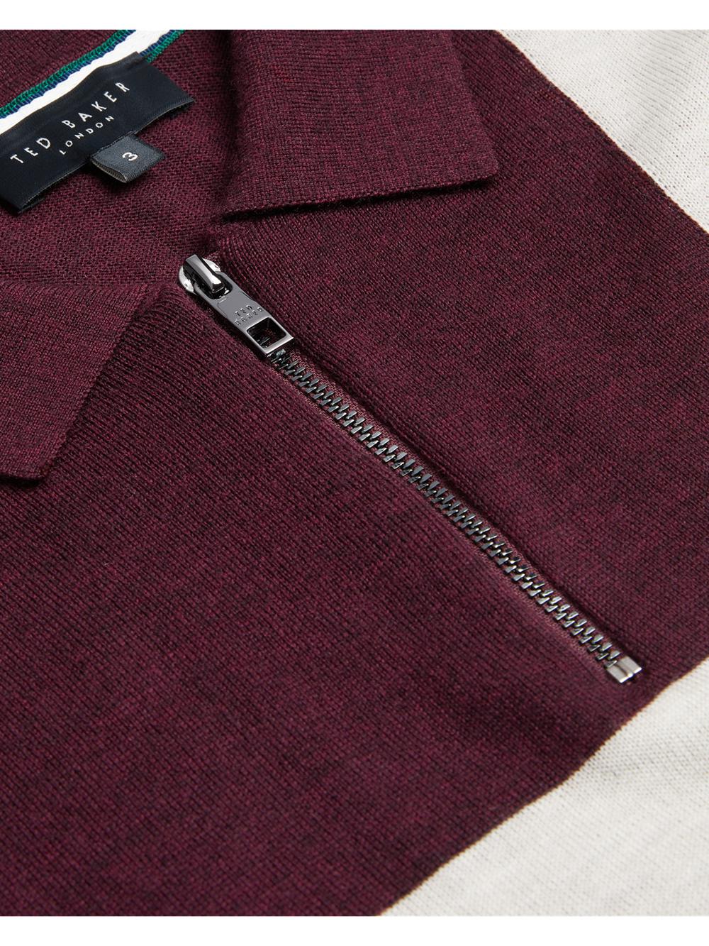 Men Ted Baker AMBLER - Colour Block Zip Neck Wool Polos Shirts Maroon | NWIJ93607
