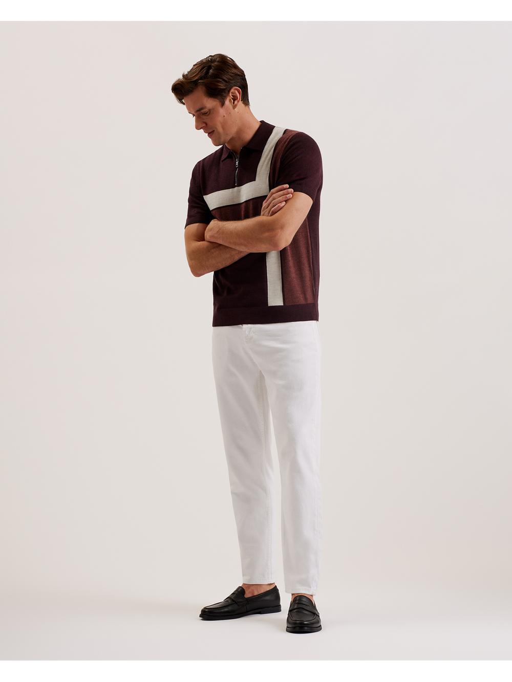 Men Ted Baker AMBLER - Colour Block Zip Neck Wool Polos Shirts Maroon | NWIJ93607