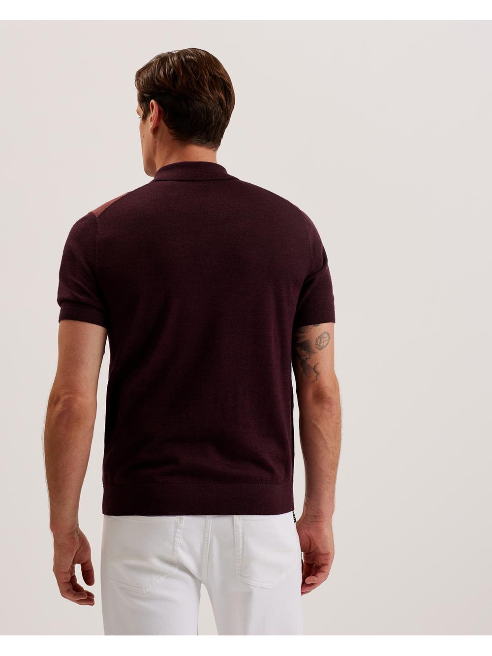 Men Ted Baker AMBLER - Colour Block Zip Neck Wool Polos Shirts Maroon | NWIJ93607