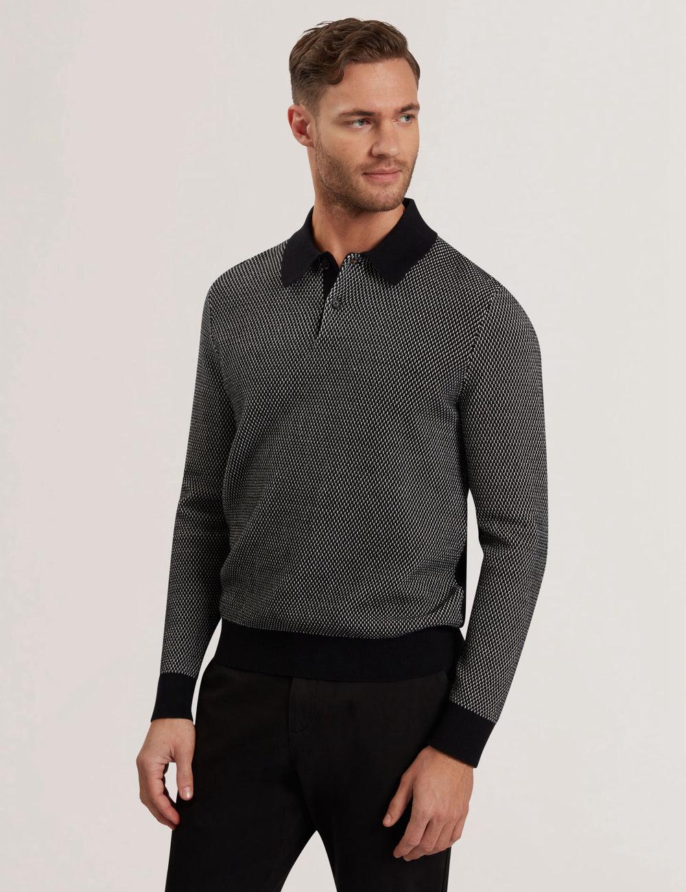 Men Ted Baker ARDO - Textured Knit Long Sleeve Polos Shirts Black | YHNZ79540