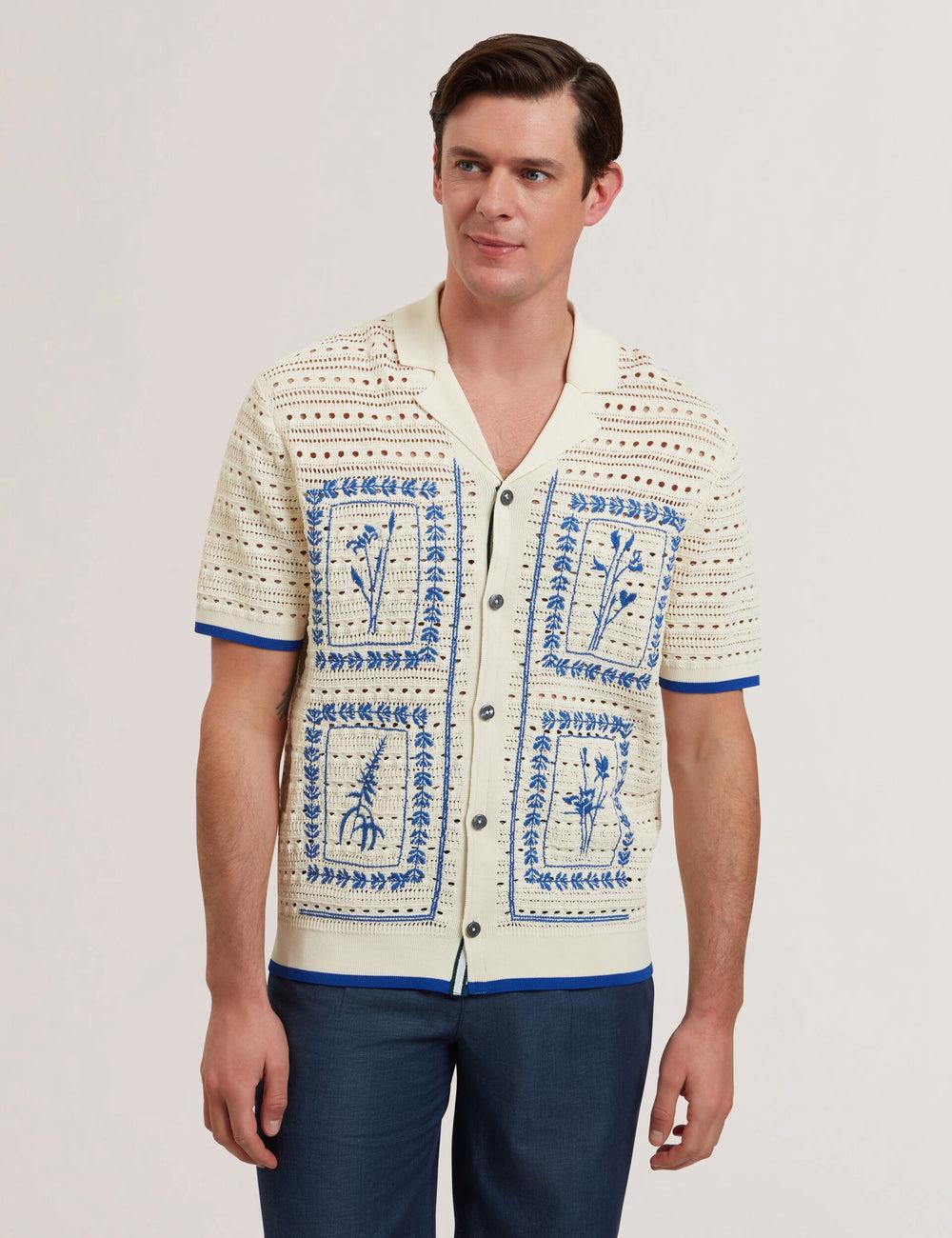 Men Ted Baker BARRI - Short Sleeve Crochet Embroidered Casual Shirts Ecru | ZEOD16347