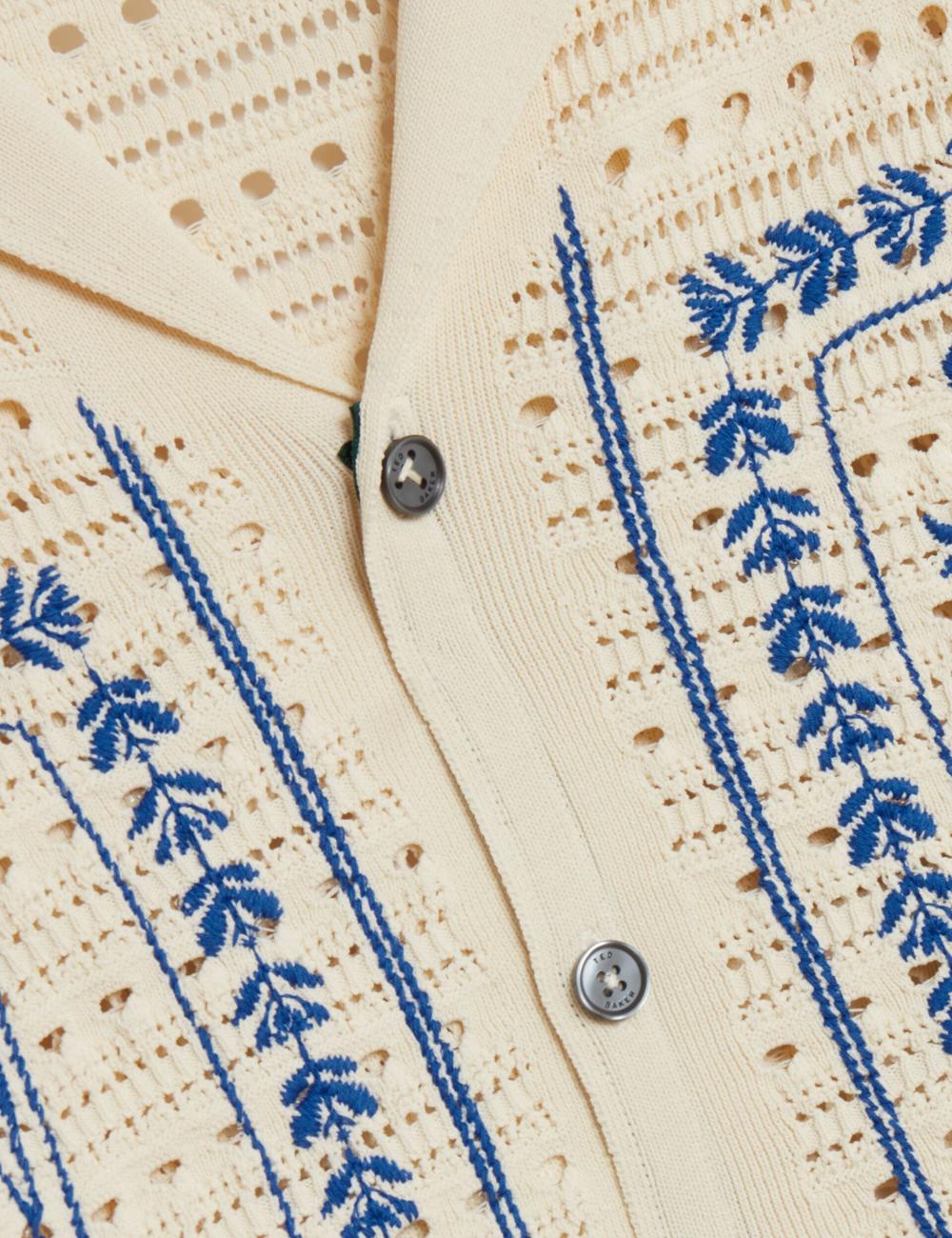 Men Ted Baker BARRI - Short Sleeve Crochet Embroidered Casual Shirts Ecru | ZEOD16347