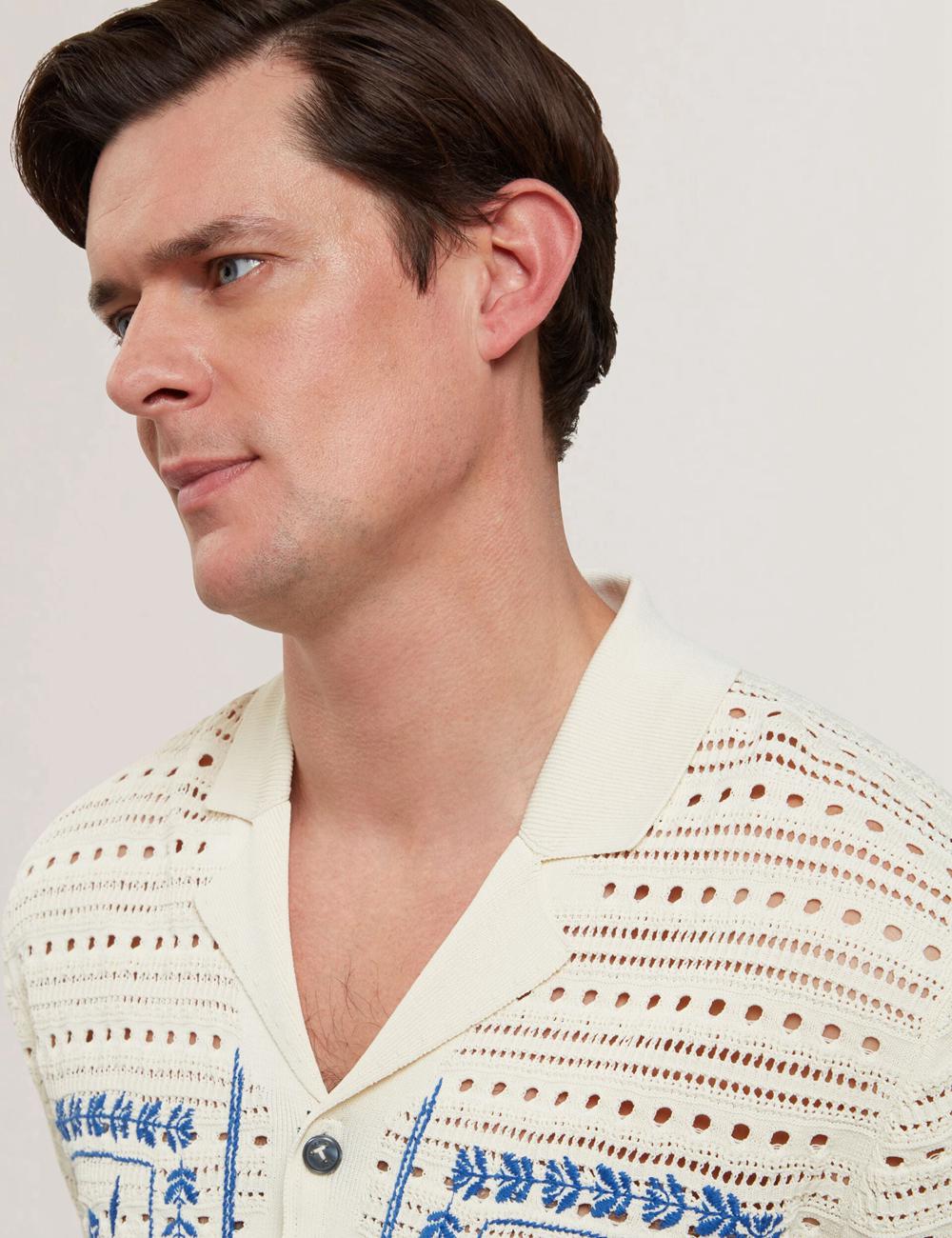 Men Ted Baker BARRI - Short Sleeve Crochet Embroidered Casual Shirts Ecru | ZEOD16347