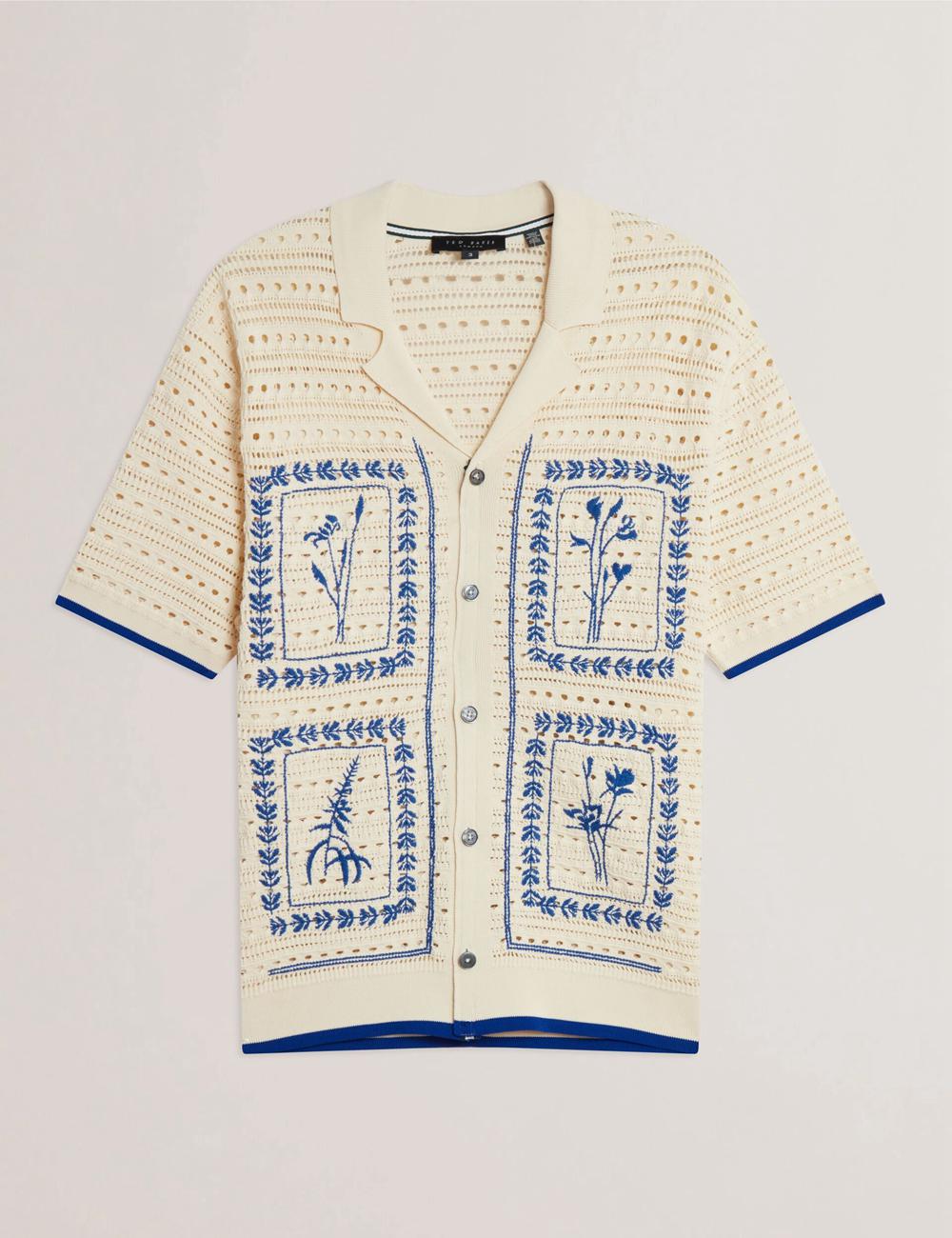 Men Ted Baker BARRI - Short Sleeve Crochet Embroidered Casual Shirts Ecru | ZEOD16347