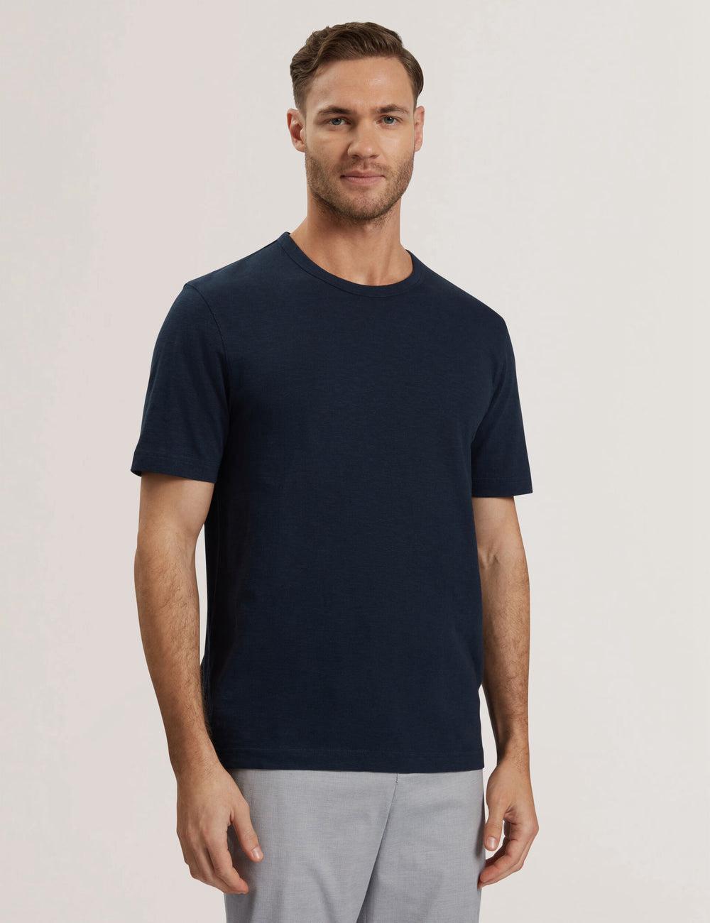 Men Ted Baker BARTOL - Regular Cotton Linen Crew Neck T-Shirts Navy | XZLA67532