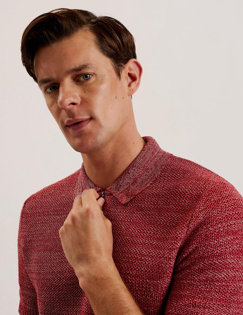 Men Ted Baker BLOSSAM - Space Dye Zip Neck Polos Shirts Red | ZIFX48136