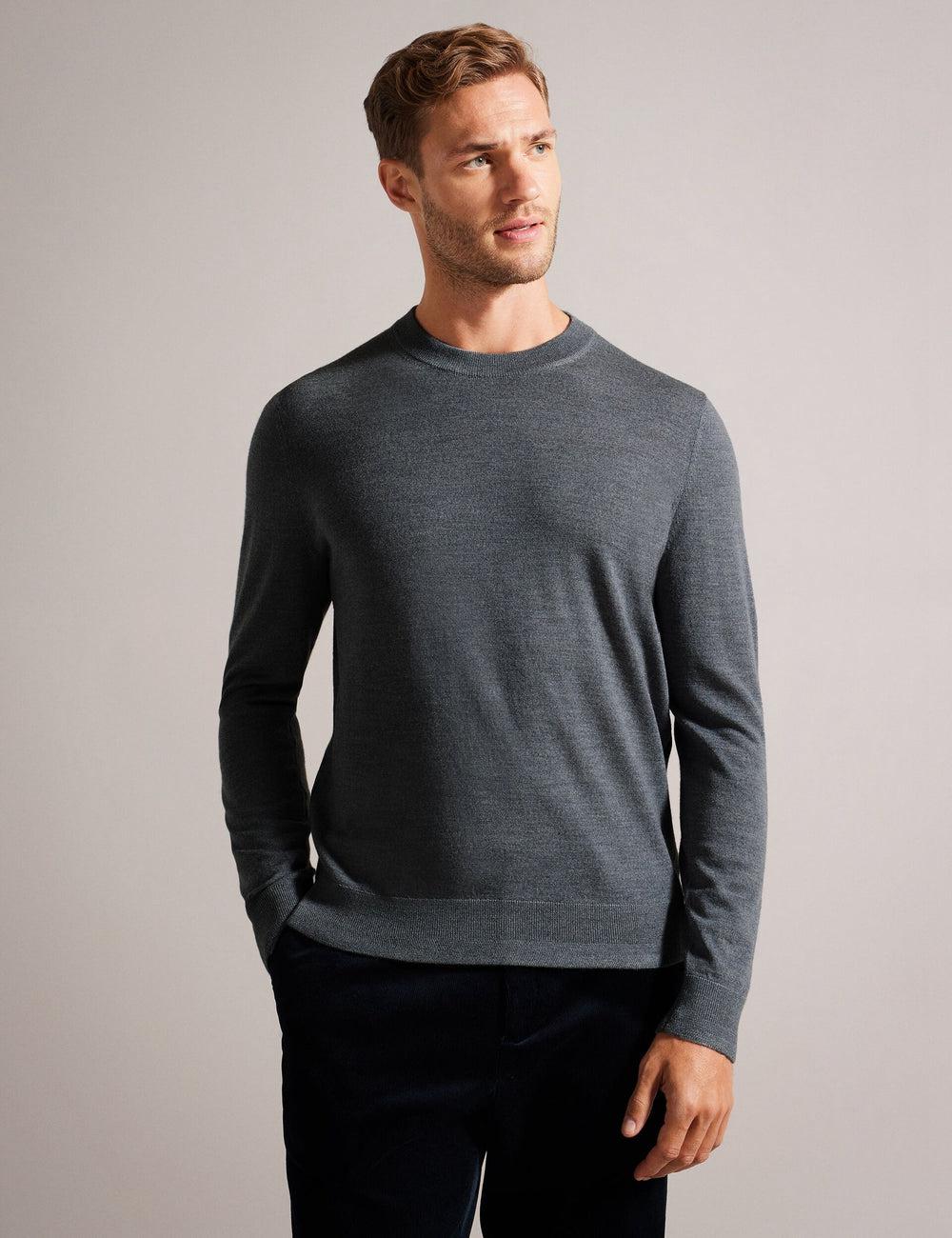Men Ted Baker CARNBY - Pure Wool Crew Neck Jumpers Charcoal | IGRF73842