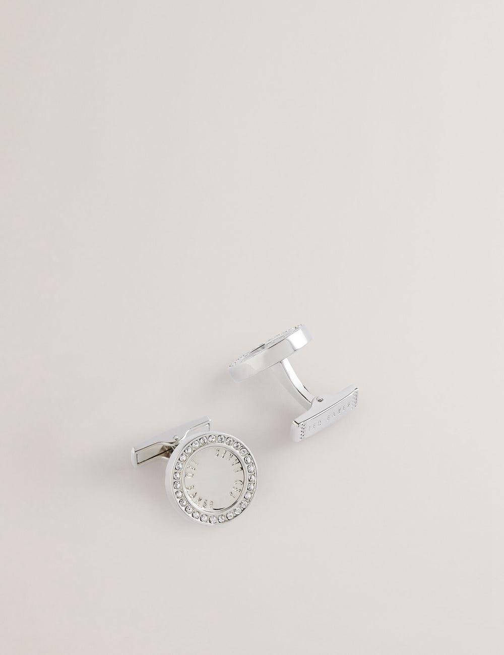 Men Ted Baker CRUZ - Crystal Border Logo Round Cufflinks Silver | UGRI76301