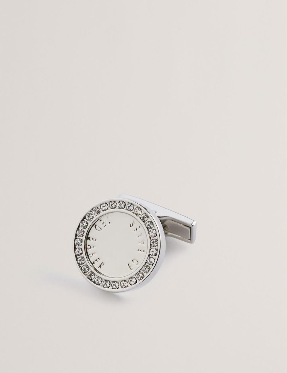 Men Ted Baker CRUZ - Crystal Border Logo Round Cufflinks Silver | UGRI76301