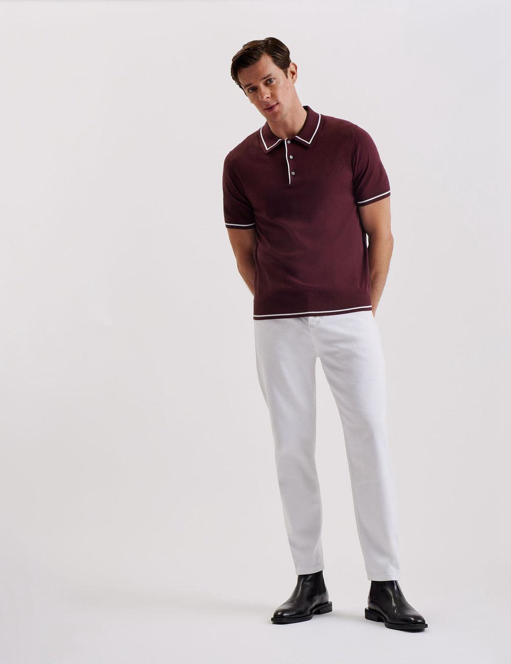 Men Ted Baker DUNOW - Pointelle Detail Striped Trim Polos Shirts Maroon | FOBH03125