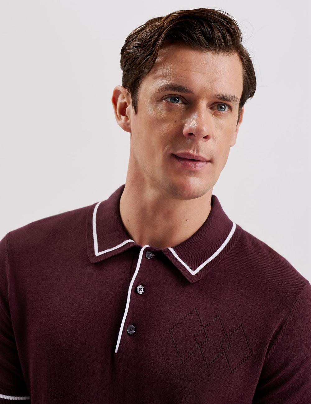 Men Ted Baker DUNOW - Pointelle Detail Striped Trim Polos Shirts Maroon | FOBH03125
