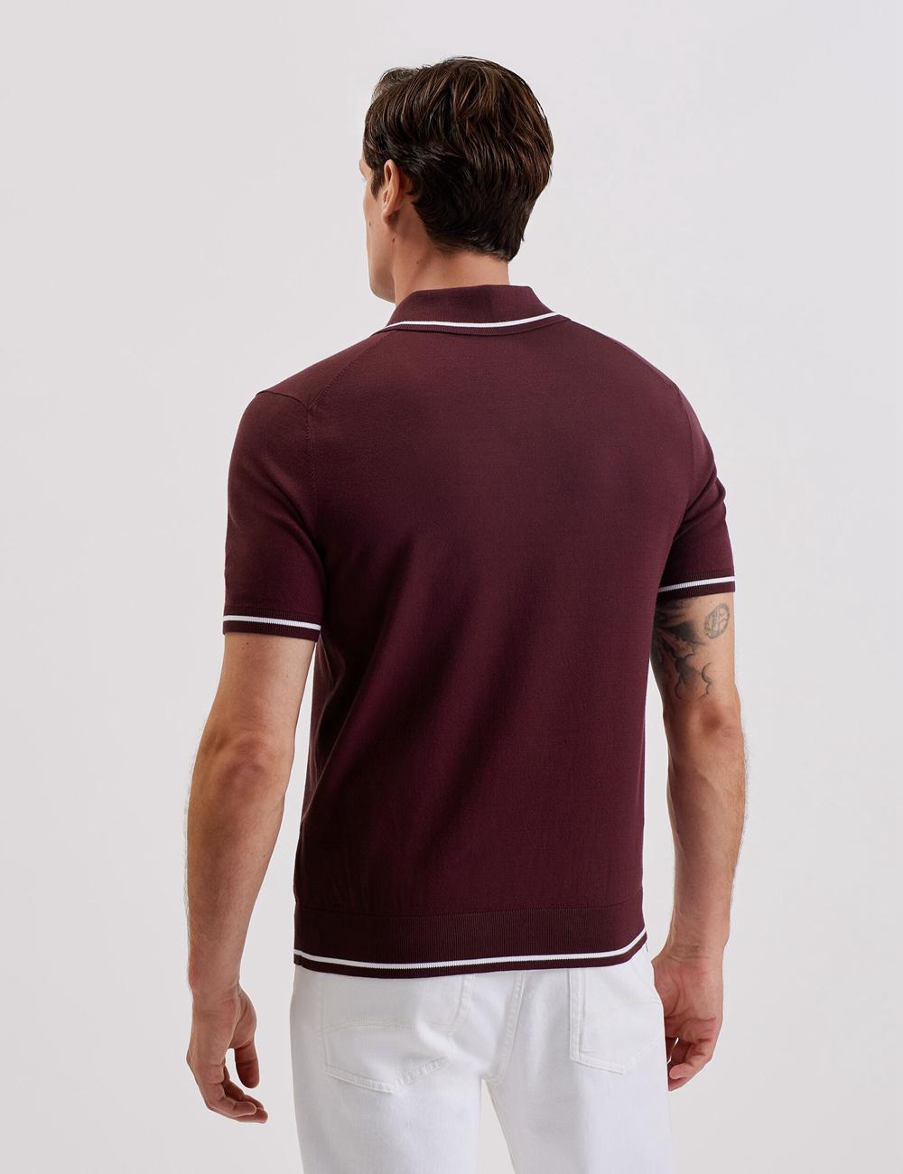 Men Ted Baker DUNOW - Pointelle Detail Striped Trim Polos Shirts Maroon | FOBH03125