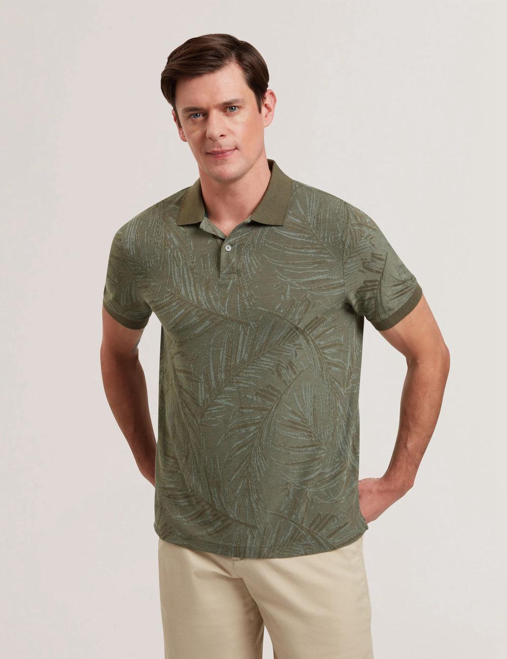 Men Ted Baker EDWINE - Leaf Print Short Sleeve Polos Shirts Khaki | HZGX48097