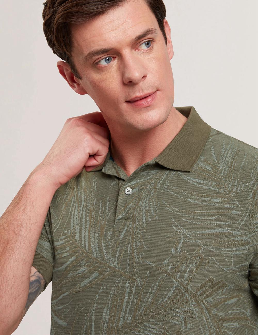 Men Ted Baker EDWINE - Leaf Print Short Sleeve Polos Shirts Khaki | HZGX48097