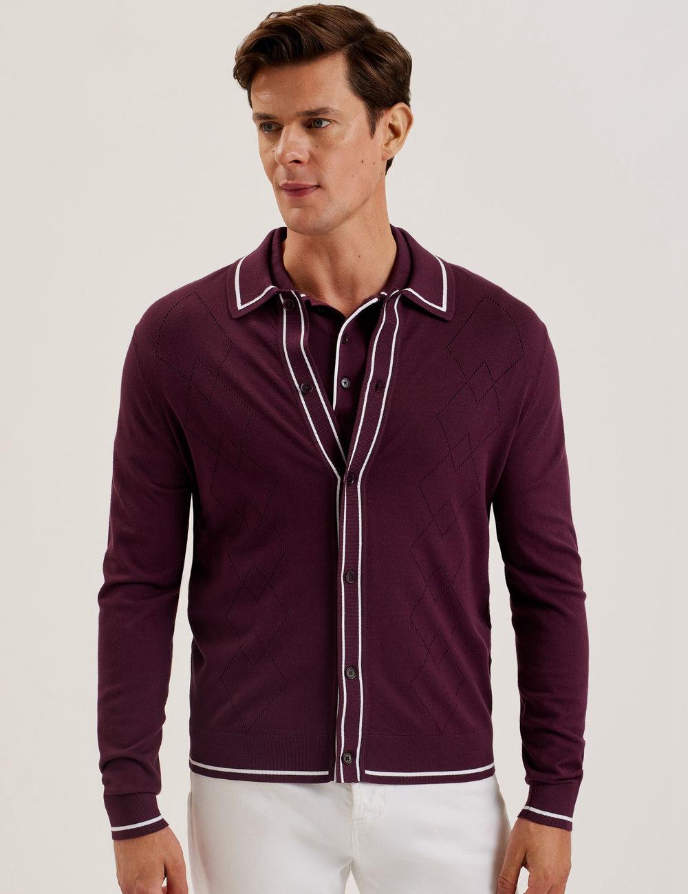 Men Ted Baker ELMDON - Pointelle Diamond Knitted Long Sleeve Casual Shirts Maroon | BCPK09861