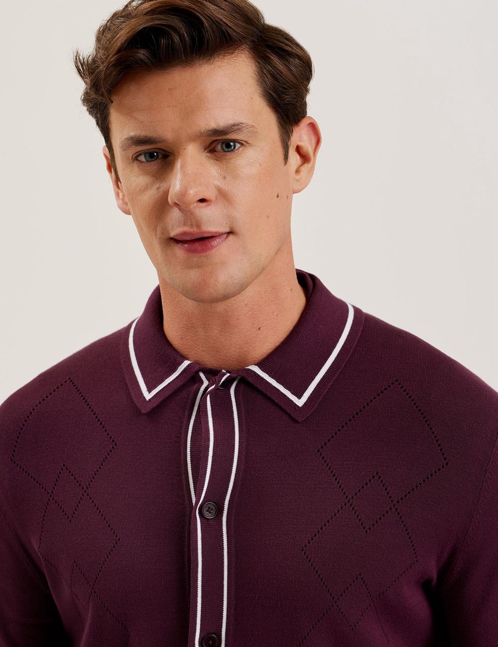 Men Ted Baker ELMDON - Pointelle Diamond Knitted Long Sleeve Casual Shirts Maroon | BCPK09861