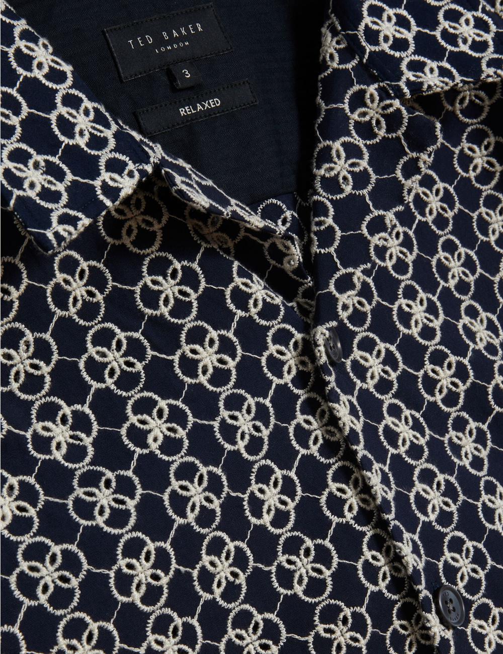 Men Ted Baker FINLAYS - Short Sleeve Relaxed Embroidered Casual Shirts Navy | PMDR78412