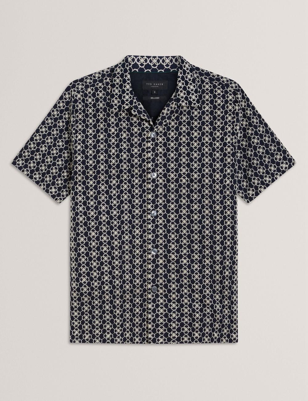 Men Ted Baker FINLAYS - Short Sleeve Relaxed Embroidered Casual Shirts Navy | PMDR78412