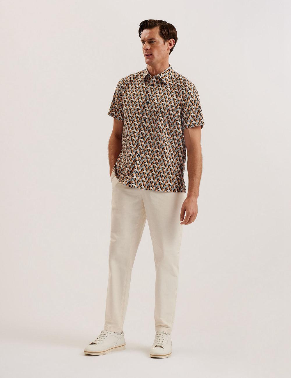 Men Ted Baker GASTONS - Short Sleeve Geo Print Seersucker Casual Shirts Pink | ZGFD75014