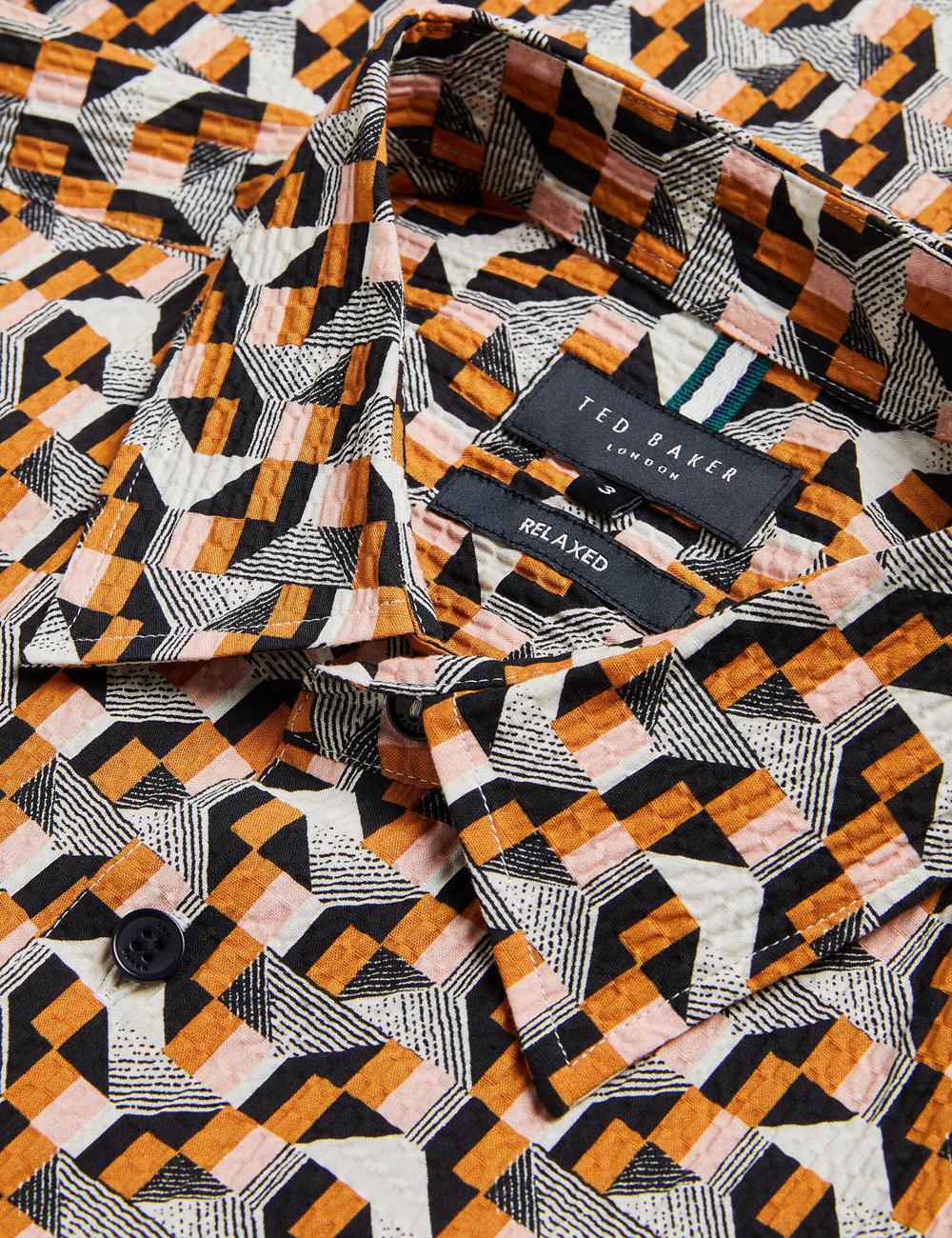 Men Ted Baker GASTONS - Short Sleeve Geo Print Seersucker Casual Shirts Pink | ZGFD75014