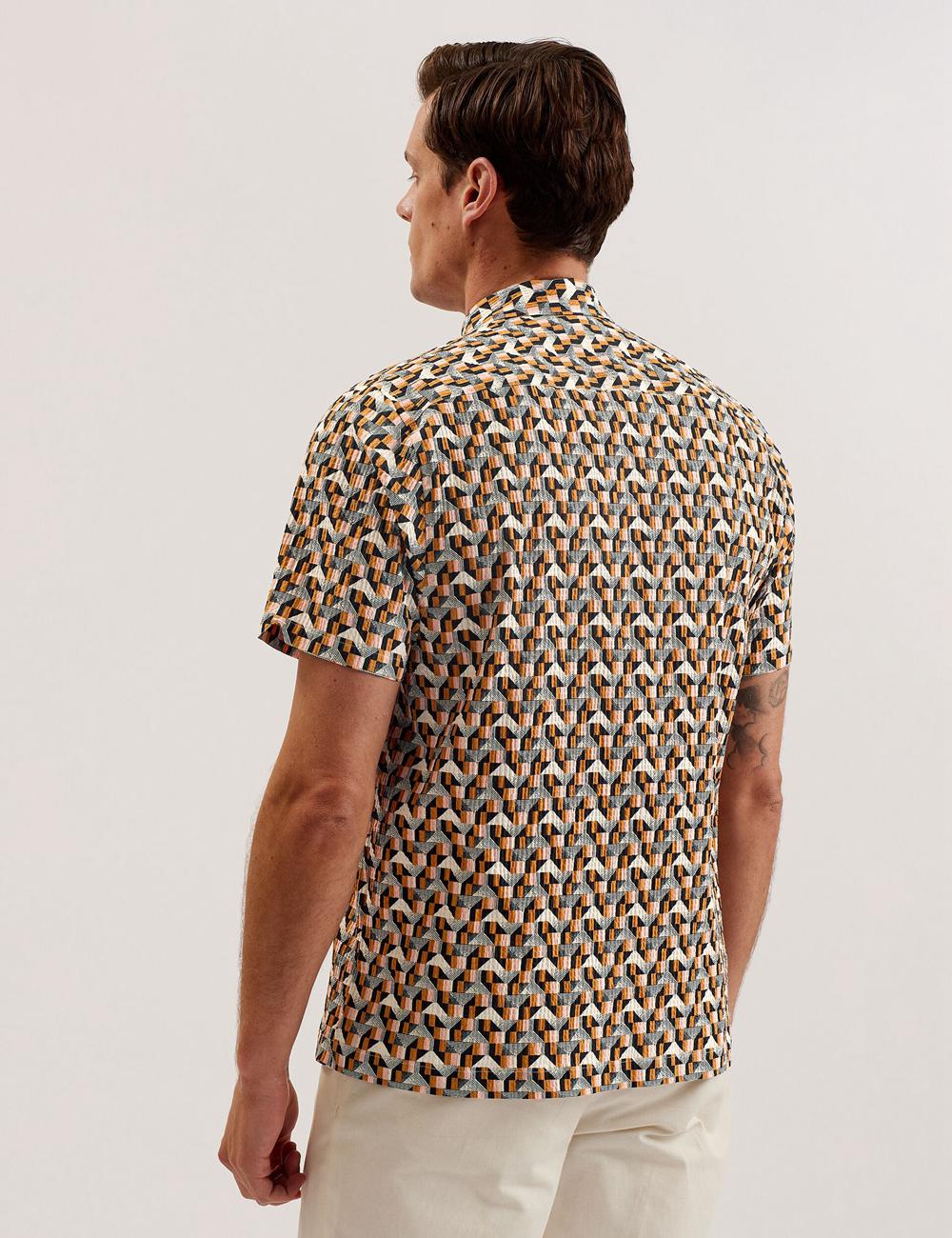 Men Ted Baker GASTONS - Short Sleeve Geo Print Seersucker Casual Shirts Pink | ZGFD75014