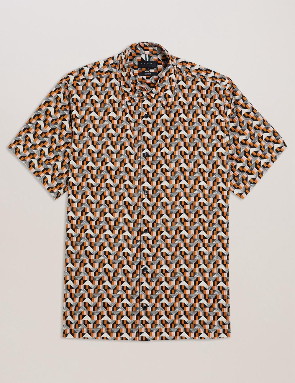 Men Ted Baker GASTONS - Short Sleeve Geo Print Seersucker Casual Shirts Pink | ZGFD75014
