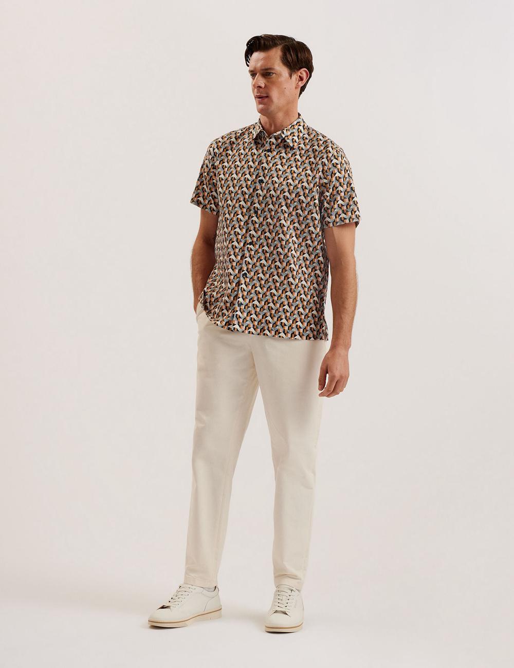 Men Ted Baker GASTONS - Short Sleeve Geo Print Seersucker Casual Shirts Pink | ZGFD75014
