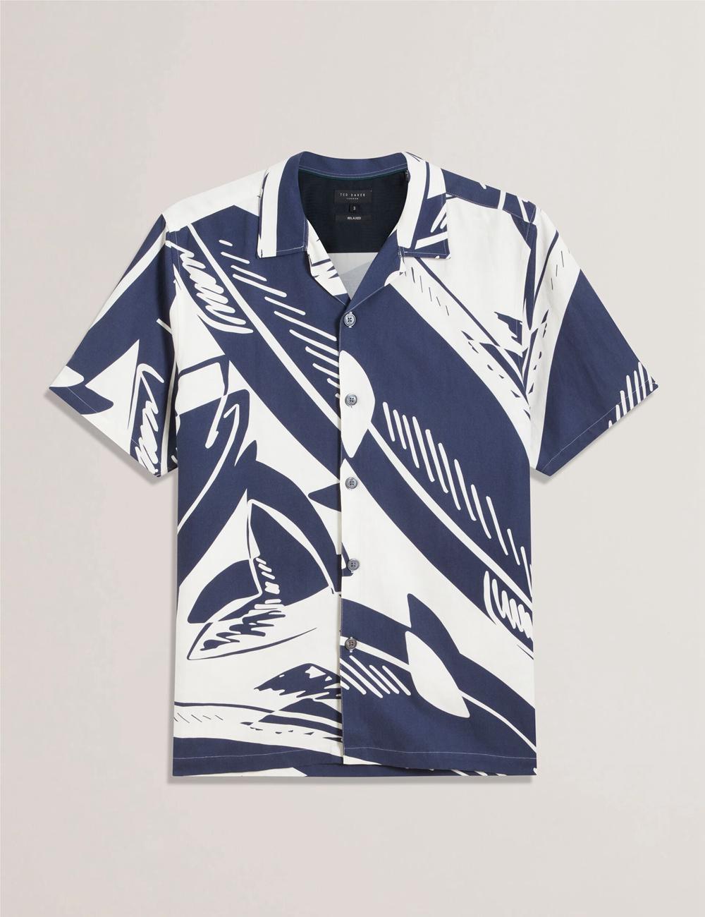 Men Ted Baker HEUKELS - Short Sleeve Relaxed Fish Print Casual Shirts Mid-Navy | PIUW69053