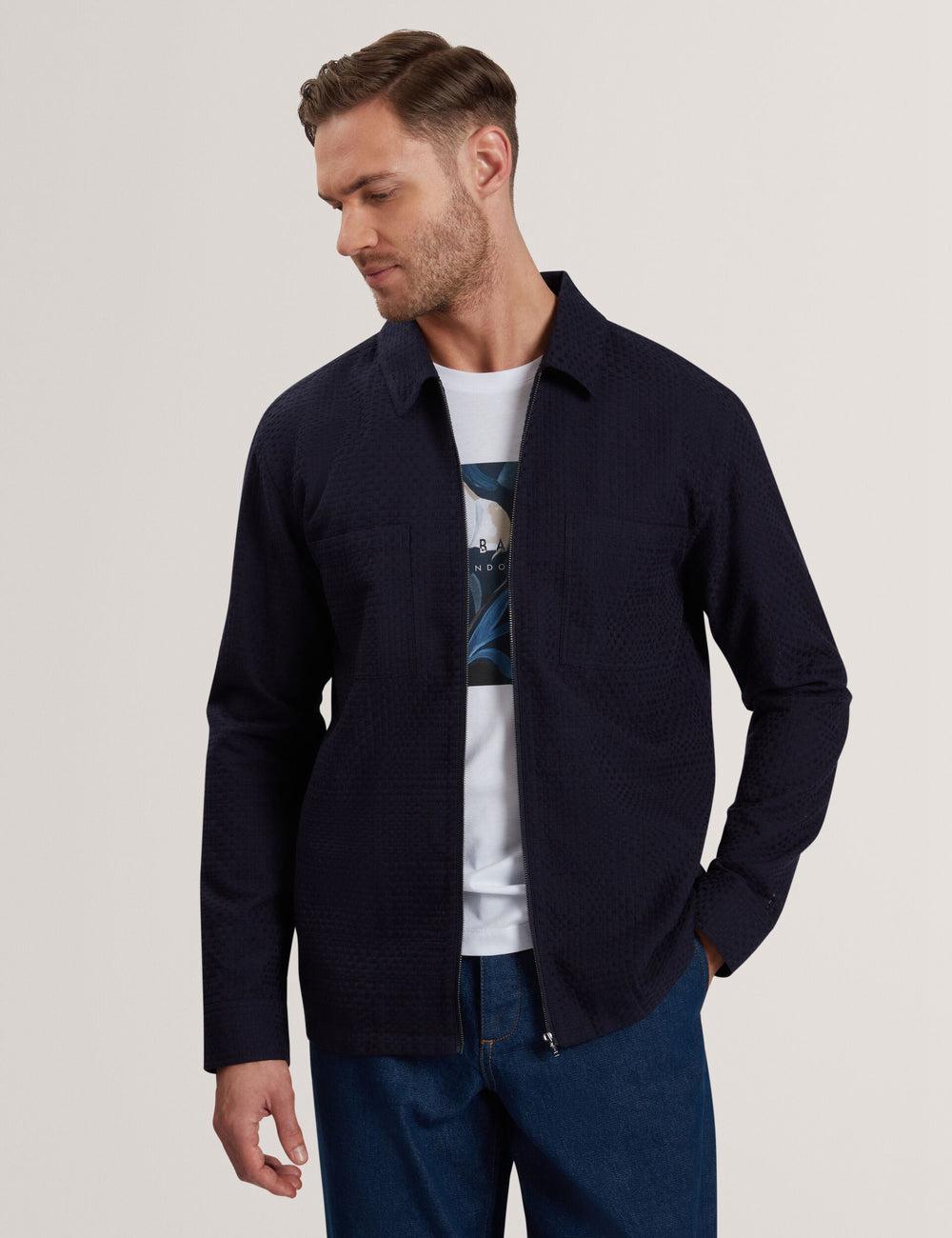 Men Ted Baker KAILINS - Long Sleeve Zip-Through Cotton Overshirt Overshirts Navy | PFIY28753