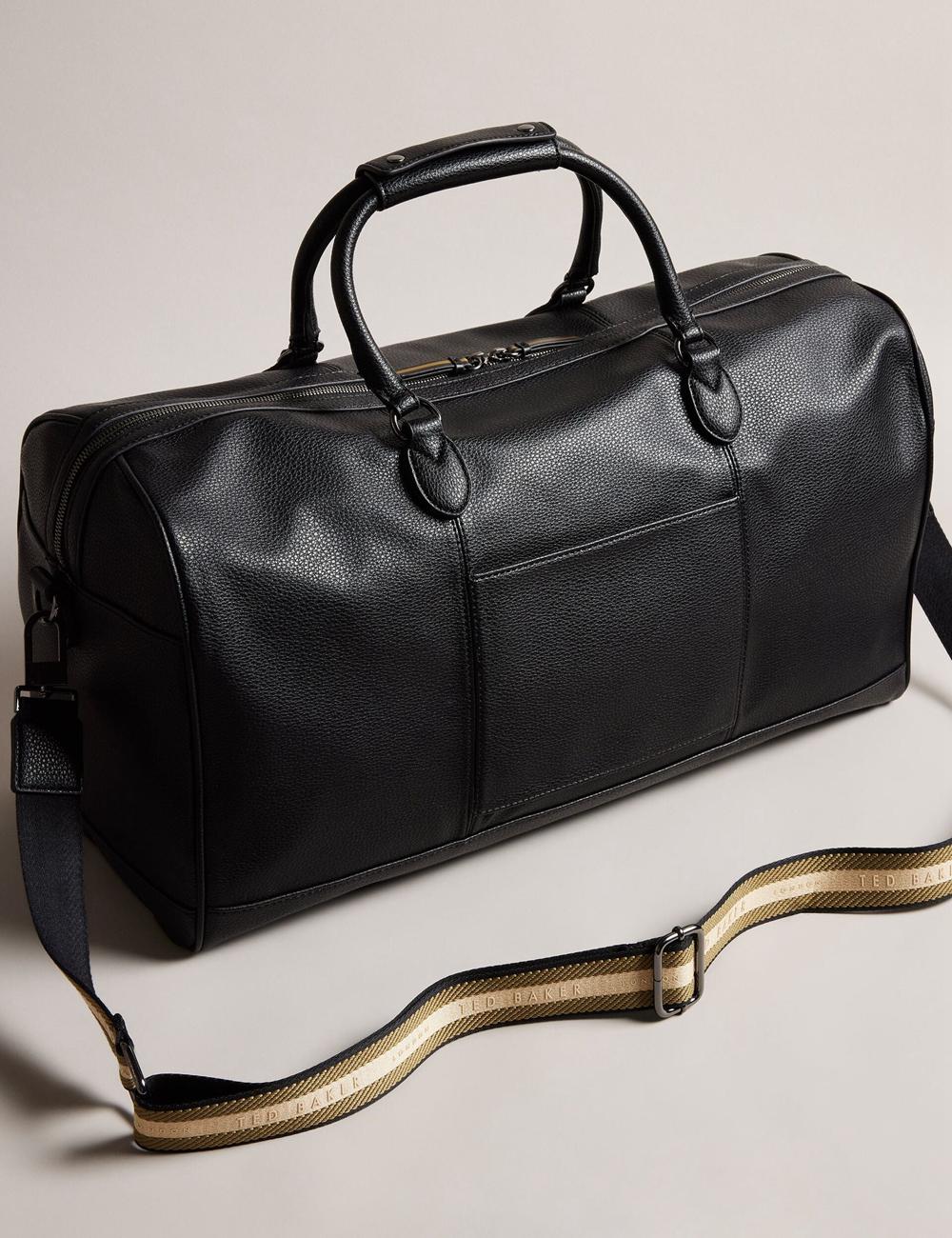 Men Ted Baker KALVIN - Webbing Faux Leather Holdall Bags Black | PIRS08514