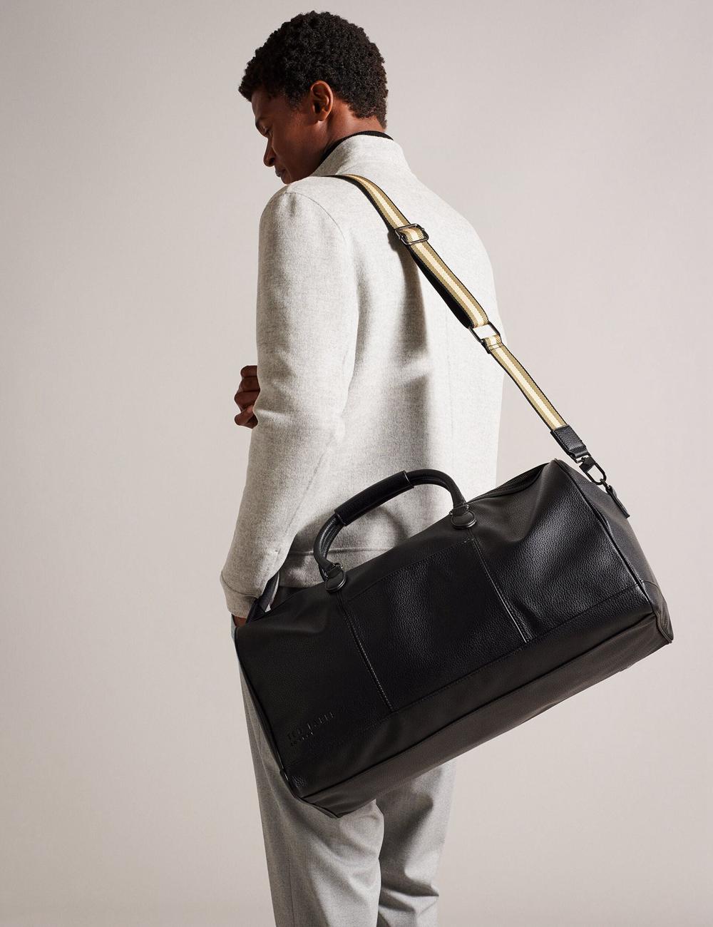 Men Ted Baker KALVIN - Webbing Faux Leather Holdall Bags Black | PIRS08514