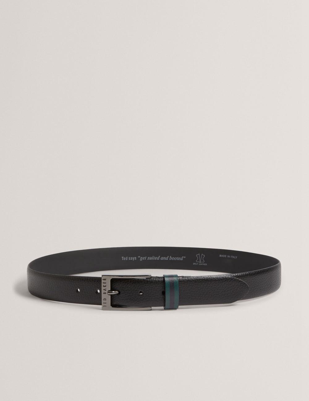 Men Ted Baker KENDON - Grained Leather With Striped Loop Belts Black | JNEY67950