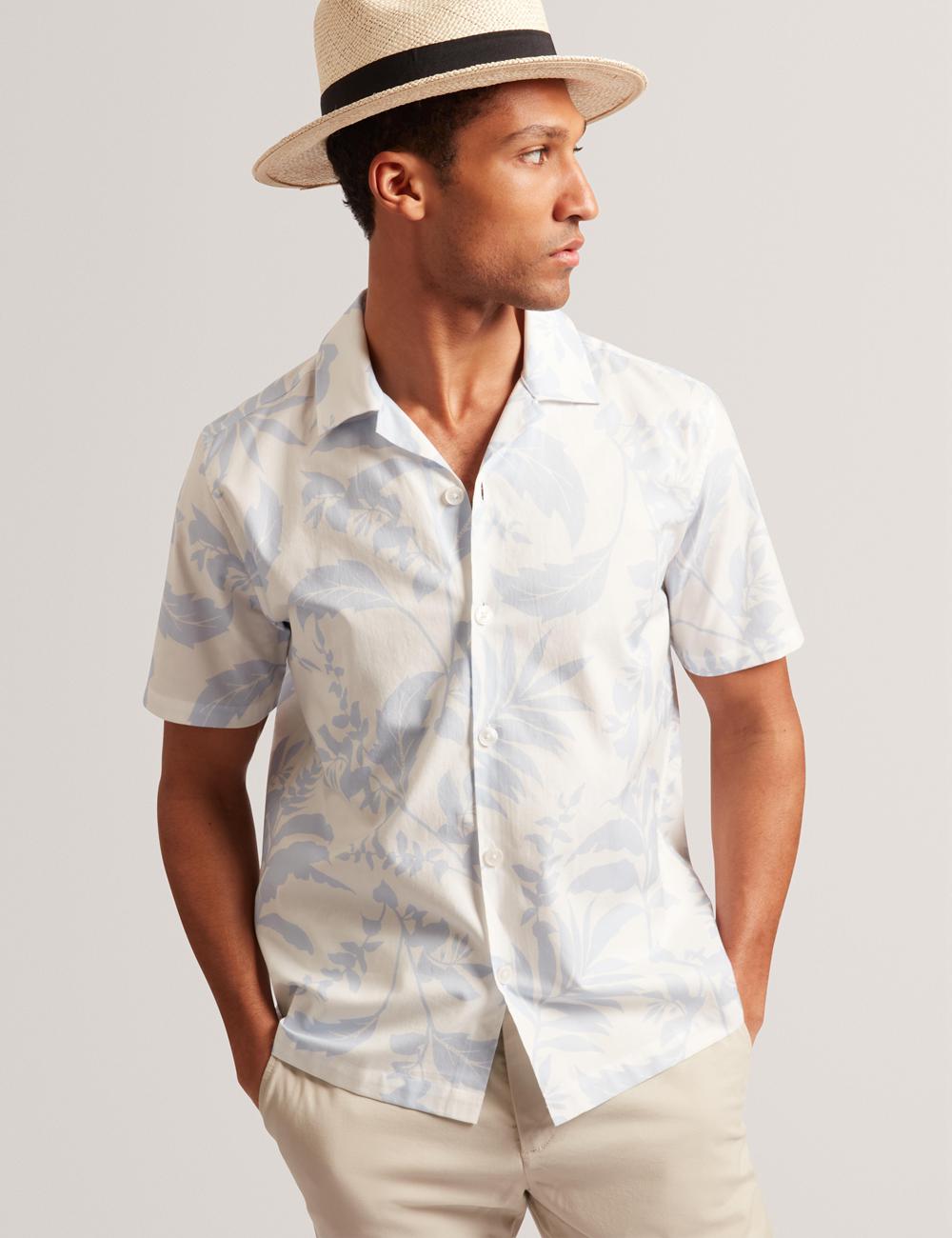 Men Ted Baker KITS - Short Sleeve Relaxed Floral Print Casual Shirts Lt-Blue | PYGA54096