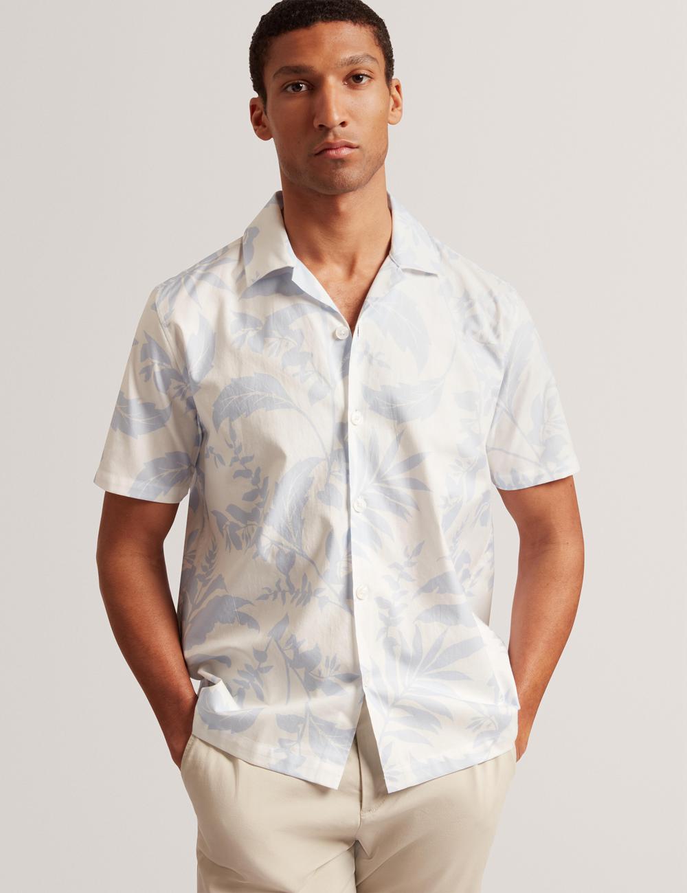 Men Ted Baker KITS - Short Sleeve Relaxed Floral Print Casual Shirts Lt-Blue | PYGA54096