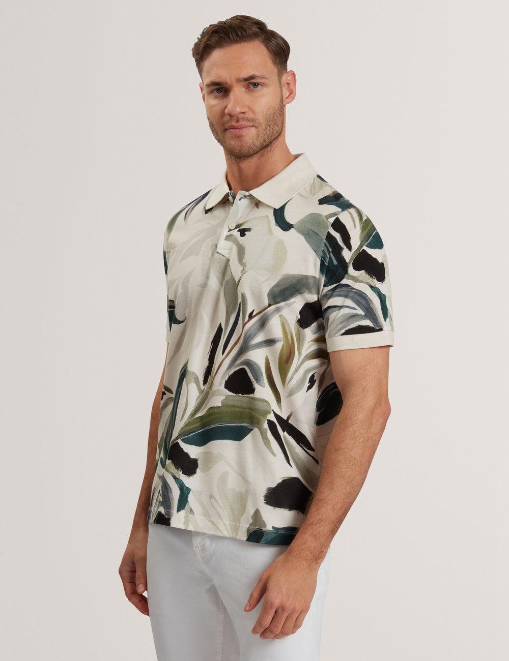 Men Ted Baker KIVEM - Short Sleeve Cotton Floral Print Polos Shirts Ecru | LTFA25893