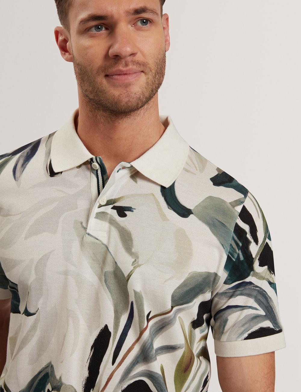 Men Ted Baker KIVEM - Short Sleeve Cotton Floral Print Polos Shirts Ecru | LTFA25893
