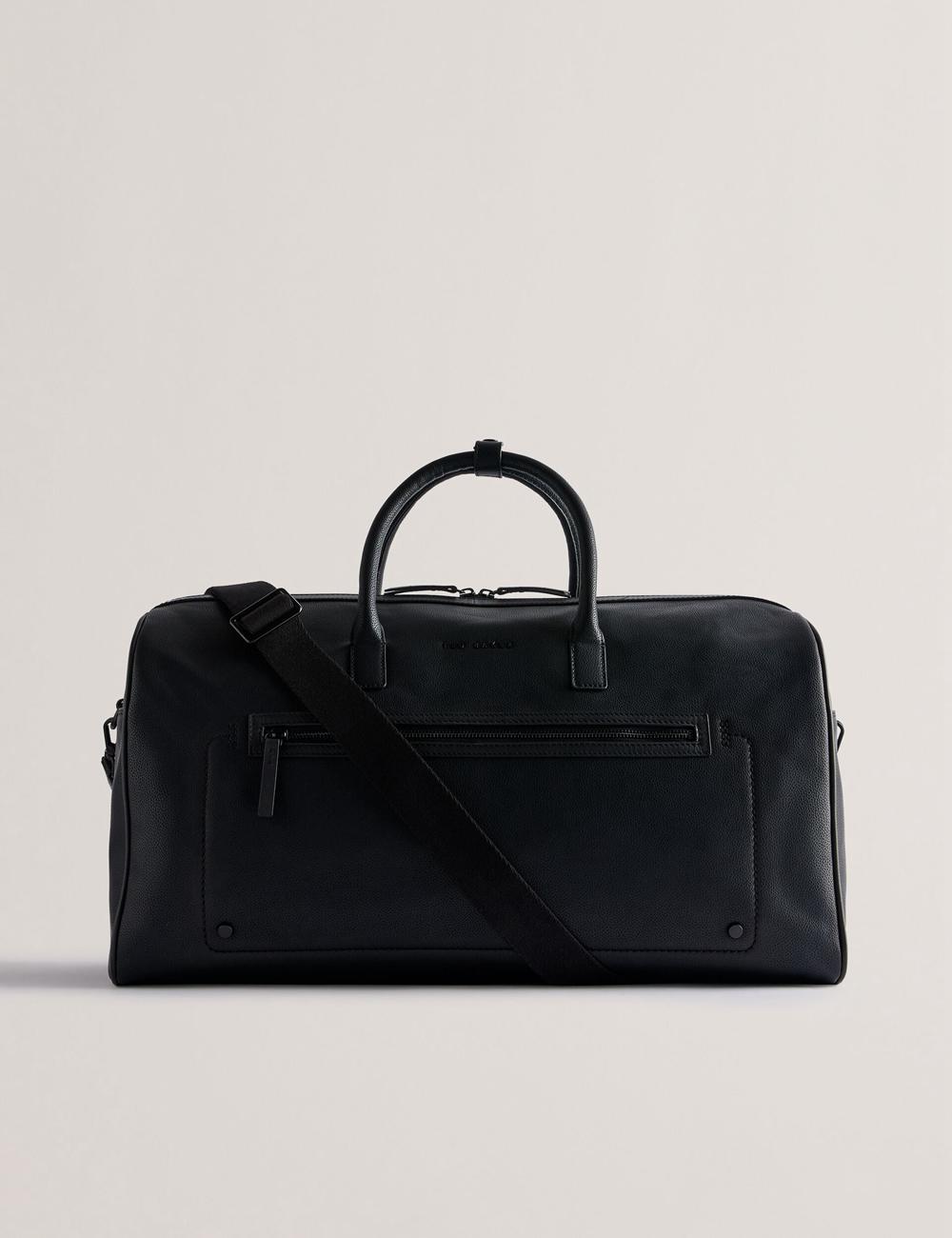 Men Ted Baker LANDERS - Textured Leather Zip Pocket Holdall Bags Black | MAIG82105