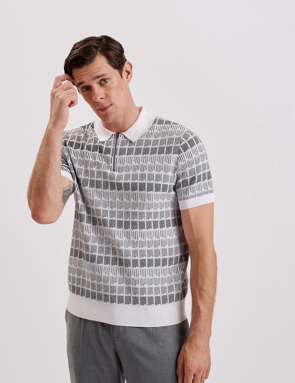 Men Ted Baker LEVERS - Ombre Jacquard Zip Neck Polos Shirts White | CNFM15763