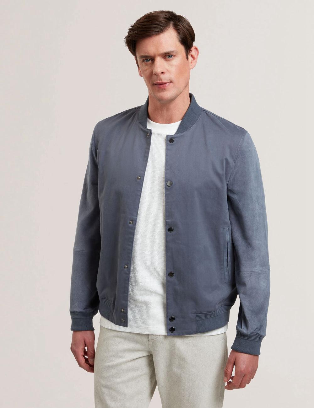 Men Ted Baker LIAMS - Cotton Twill & Suede Bomber Jackets Mid-Blue | MYBN74293