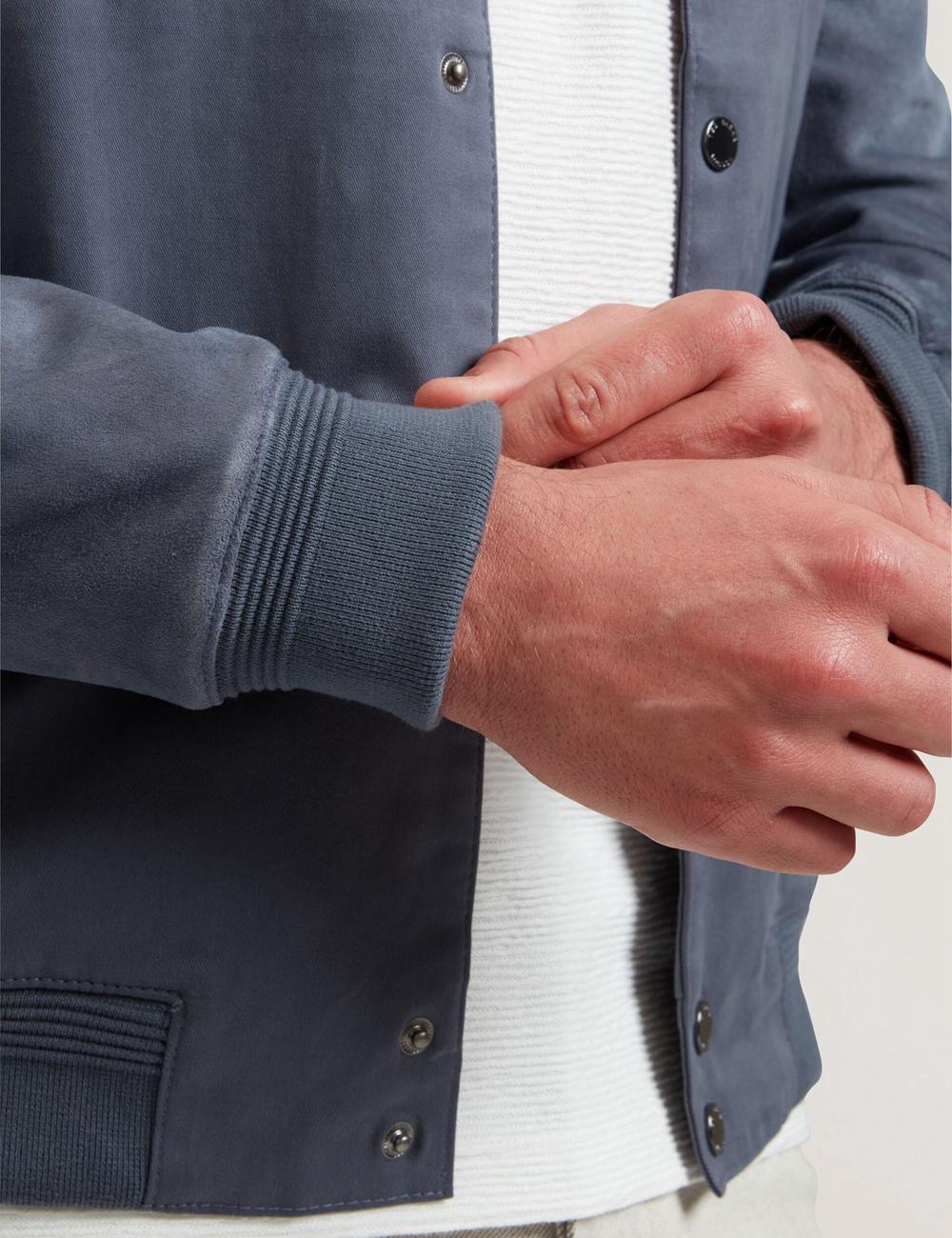 Men Ted Baker LIAMS - Cotton Twill & Suede Bomber Jackets Mid-Blue | MYBN74293