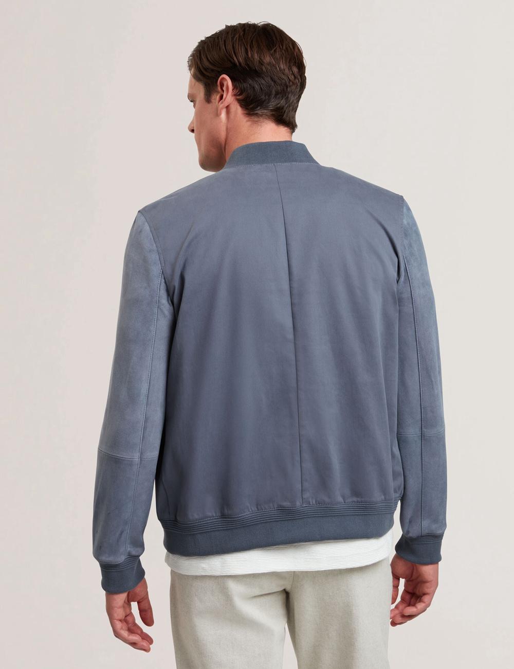 Men Ted Baker LIAMS - Cotton Twill & Suede Bomber Jackets Mid-Blue | MYBN74293