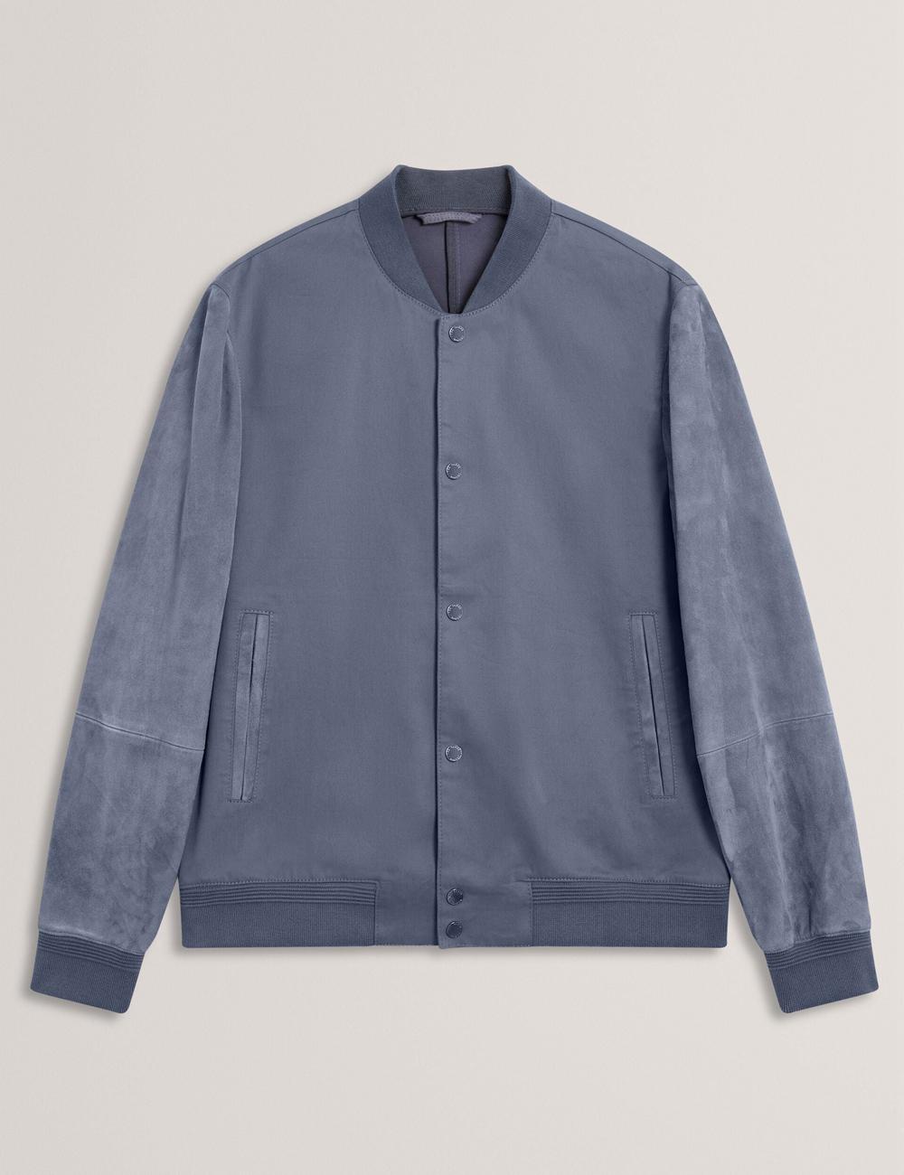 Men Ted Baker LIAMS - Cotton Twill & Suede Bomber Jackets Mid-Blue | MYBN74293